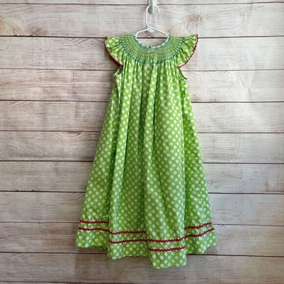 STITCHED AND SMOCKED GREEN AND WHITE POLKA DOT DRESS WITH EMBROIDERED LADYBUGS - Picture 4 of 9